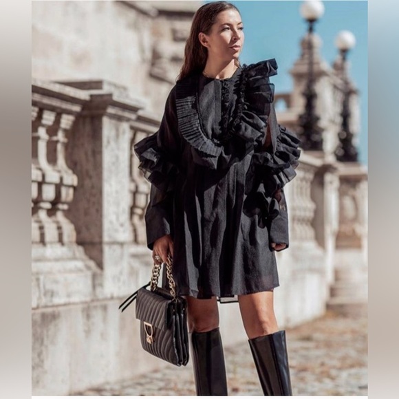 H&M Studio Collection Flounce Ruffle Wave Mini Black Dress -  mordernwear.com